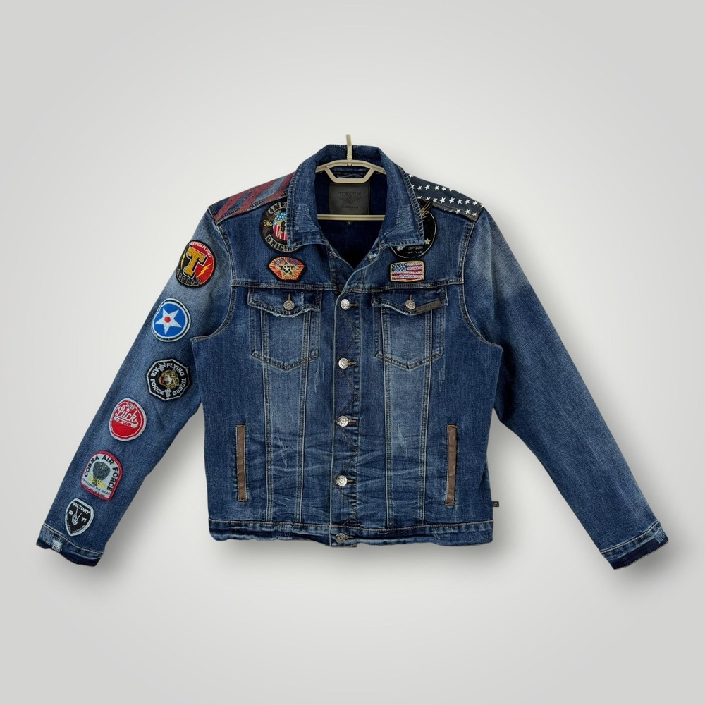 Denim Bomber Jacket with Embroidered Jaguar and Flag Patch - Picture 2 of 11